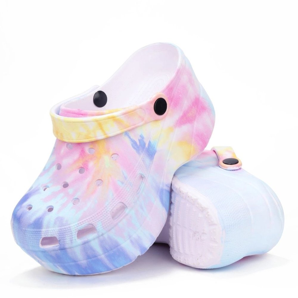 NEW🔥 Pastel Tie Dye Classic Platform Clogs Sandals Wedge Heel Slingback Slip-On - Picture 5 of 7